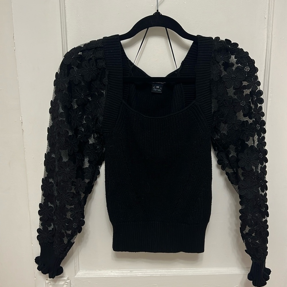 Black French connection sweater with floral lace sleeves